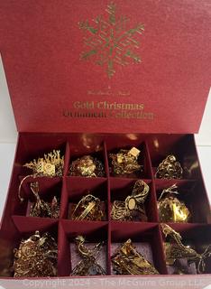 Box of Danbury Mint Gold Metal Christmas Ornaments