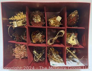 Box of Danbury Mint Gold Metal Christmas Ornaments