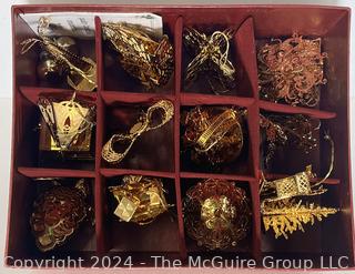 Box of Danbury Mint Gold Metal Christmas Ornaments