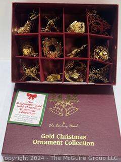 Box of Danbury Mint Gold Metal Christmas Ornaments