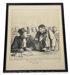 Framed Under Glass Lithograph Titled "So Goes His Story" by Honore Daumier From The Court Series.  10" x 12"