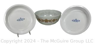 Corningware Pie Plates and Pyrex Mixing Bowl. 