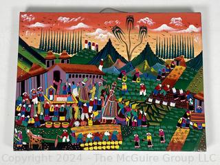 Unframed Folk Art Painting Titled "Tema Fiesta de Navidad" Signed by Artist Maria Pascuala Vega, Ecuador 2002.  12"x 16"