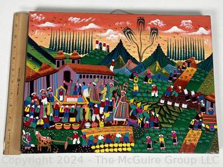 Unframed Folk Art Painting Titled "Tema Fiesta de Navidad" Signed by Artist Maria Pascuala Vega, Ecuador 2002.  12"x 16"