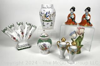 Collection of Porcelain Decorative Items Including Bud Vase, Asian Figurines, Etc.
