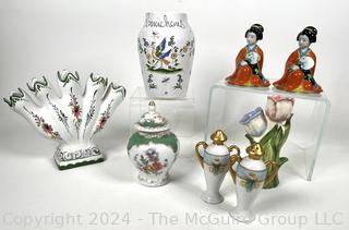 Collection of Porcelain Decorative Items Including Bud Vase, Asian Figurines, Etc.
