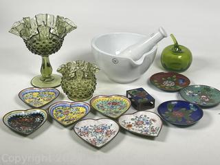 Collection Including Green Hob-nail Glass, Chinese Enamel Heart Shaped Plates and Match Cover, Mortar & Pestle and Glass Apple