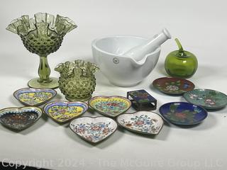 Collection Including Green Hob-nail Glass, Chinese Enamel Heart Shaped Plates and Match Cover, Mortar & Pestle and Glass Apple