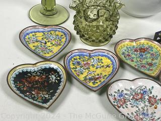 Collection Including Green Hob-nail Glass, Chinese Enamel Heart Shaped Plates and Match Cover, Mortar & Pestle and Glass Apple