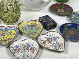 Collection Including Green Hob-nail Glass, Chinese Enamel Heart Shaped Plates and Match Cover, Mortar & Pestle and Glass Apple