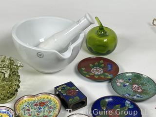 Collection Including Green Hob-nail Glass, Chinese Enamel Heart Shaped Plates and Match Cover, Mortar & Pestle and Glass Apple