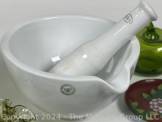 Collection Including Green Hob-nail Glass, Chinese Enamel Heart Shaped Plates and Match Cover, Mortar & Pestle and Glass Apple