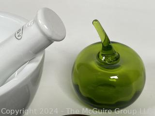 Collection Including Green Hob-nail Glass, Chinese Enamel Heart Shaped Plates and Match Cover, Mortar & Pestle and Glass Apple