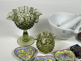 Collection Including Green Hob-nail Glass, Chinese Enamel Heart Shaped Plates and Match Cover, Mortar & Pestle and Glass Apple