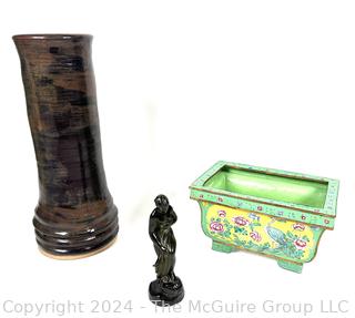 Pottery Column Base, Chinese Enamel Planter and Just Andersen (1884-1943) Denmark Cast Bronze Nude Venus Statue 