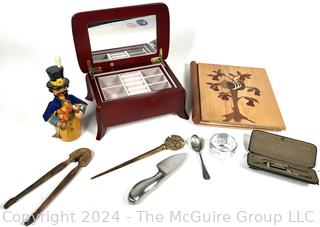 Group Including Jewelry Music Box, Wood Covered Scrapbook (Empty), Wooden Tongs and German Kitchen Knife