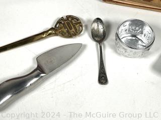 Group Including Jewelry Music Box, Wood Covered Scrapbook (Empty), Wooden Tongs and German Kitchen Knife