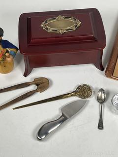 Group Including Jewelry Music Box, Wood Covered Scrapbook (Empty), Wooden Tongs and German Kitchen Knife