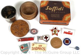 Junk Drawer Collection including German Cigarette Tin, Various Red Cross Medals and Wooden Ring Box