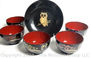 Couroc Serving Tray and Japanese Lacquerware Bowls