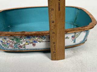 Two (2) Chinese Peking Enamel Ikebana Planters and Wooden Stand. 