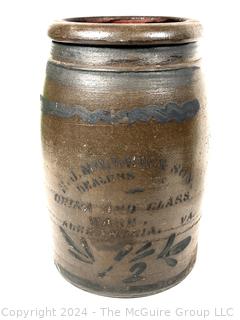 Primitive 1 1/2 Gallon Stoneware Crock Stenciled in Cobalt "H. J. Miller & Son Dealers in China and Glass Wares, Alexandria, VA".  11.5" h