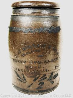 Primitive 1 1/2 Gallon Stoneware Crock Stenciled in Cobalt "H. J. Miller & Son Dealers in China and Glass Wares, Alexandria, VA".  11.5" h