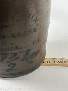 Primitive 1 1/2 Gallon Stoneware Crock Stenciled in Cobalt "H. J. Miller & Son Dealers in China and Glass Wares, Alexandria, VA".  11.5" h