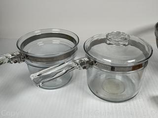 Vintage Tea Cup Strainer, Pyrex Double Boiler and Colander