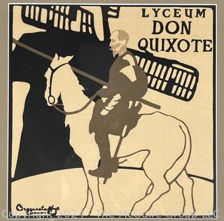 Framed Under Glass Wood Block Print Titled “Lyceum Don Quixote” Signed by Artist. 13” Square