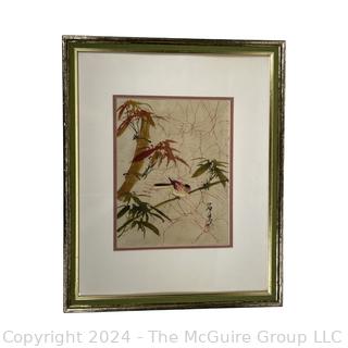 Framed Under Glass Wood Block Print on Linen of Bird on Bamboo with Chop Mark.  18 x 22” 