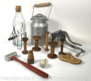 Collection of Primitive Kitchen Items, Spools and Shoe Form.
