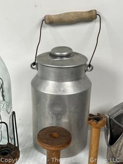 Collection of Primitive Kitchen Items, Spools and Shoe Form.
