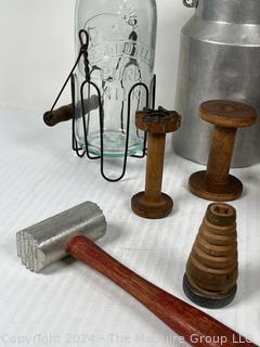 Collection of Primitive Kitchen Items, Spools and Shoe Form.
