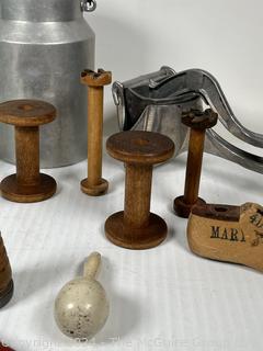 Collection of Primitive Kitchen Items, Spools and Shoe Form.
