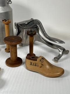 Collection of Primitive Kitchen Items, Spools and Shoe Form.
