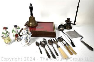 Brass Hand Bell, Ceramic Figurines, Brass Keys, Candle Holder and Kitchen Utensils.