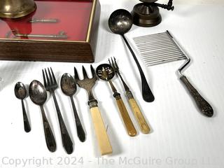 Brass Hand Bell, Ceramic Figurines, Brass Keys, Candle Holder and Kitchen Utensils.