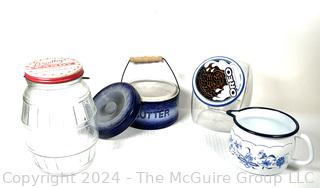 Butter Crock, Enameled Pitcher, Candy Jar and OREO Cookie Jar