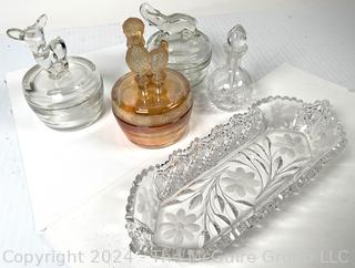 Collection of Glass Vanity Jars, Perfume Bottle and Trinket Dish