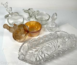 Collection of Glass Vanity Jars, Perfume Bottle and Trinket Dish