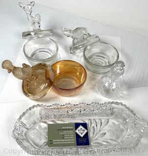 Collection of Glass Vanity Jars, Perfume Bottle and Trinket Dish