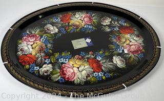 Large Hand Painted Oval Russian Zhostovo Metal Serving Tray.  