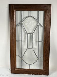 Leaded Glass Cabinet Door with Oak Frame.  Second of three offered in this auction.  15 1/2" x  17 1/2"