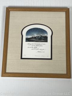 Framed Under Glass Print of Night Sky with Bible Verse Signed by Artist Kathleen Cantin, Dated 1983. 