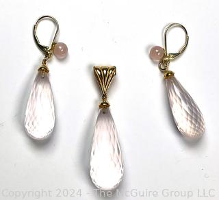 Kabana Faceted Pink Rose Quartz Drop Earrings and Pendant with 14KT Yellow Gold Bail and Findings