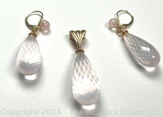 Kabana Faceted Pink Rose Quartz Drop Earrings and Pendant with 14KT Yellow Gold Bail and Findings