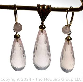 Kabana Faceted Pink Rose Quartz Drop Earrings and Pendant with 14KT Yellow Gold Bail and Findings