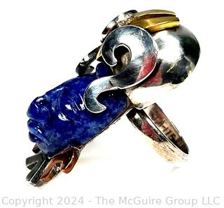 Mexican Sterling Silver & Lapis Taxco Ring Signed by Artist Jim. 