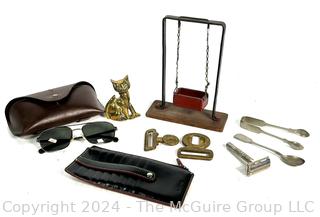 Eclectic Grouping: Great War (WW1) British Army Brass Belt Buckle, Dieu Et Mon Droit, Kings Crown; LODIS Billfold; Polo Sunglasses; Utensils; Safety Razor; Brass Cat Figure; and a Swing thing